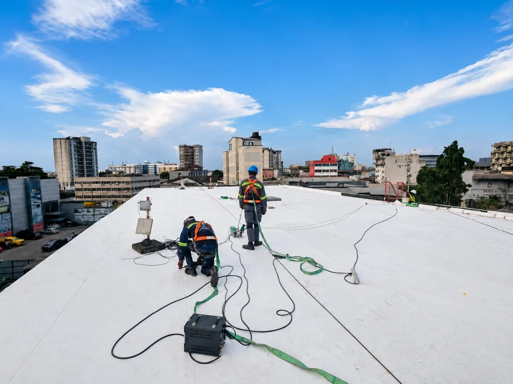 Travailleurs sur un toit urbain